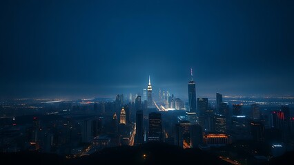 A breathtaking urban skyline illuminated by city lights under a gradient night sky.