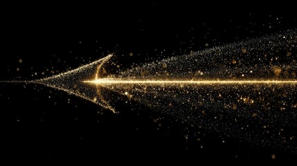 Golden particles stream, arrow shape, black background