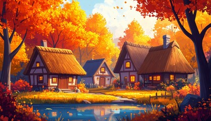 cartoon style background of Cozy village in autumn with cottages surrounded by golden trees. 