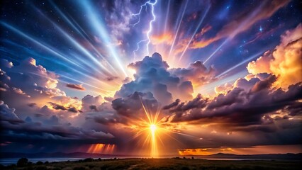 Dramatic sky with sun rays and lightning during a powerful storm