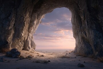 Cave opening onto a desert landscape at sunset