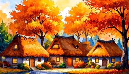 cartoon style background of Cozy village in autumn with cottages surrounded by golden trees. 
