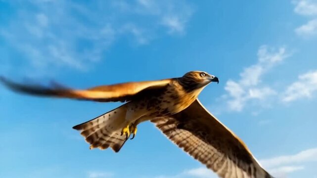 Hawk soars through the bright blue sky with wings spread wide against a backdrop of scattered clouds bird video