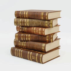 A stack of antique leather-bound books with gold lettering, showcasing their rich history and texture