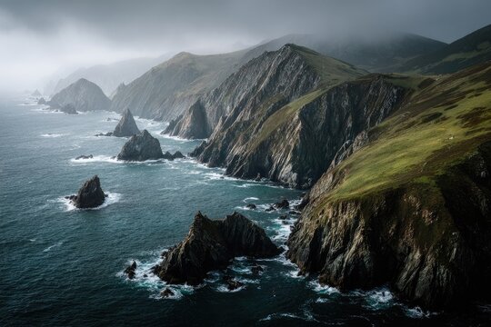 Dramatic coastal cliffs meet a moody ocean