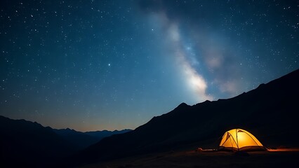 A glowing tent beneath the Milky Way in a serene mountain landscape, capturing tranquil camping under natural light.