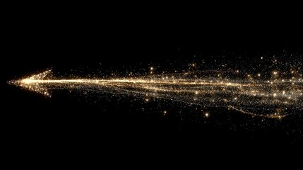 Golden, glowing arrow trail of glittering particles on black background