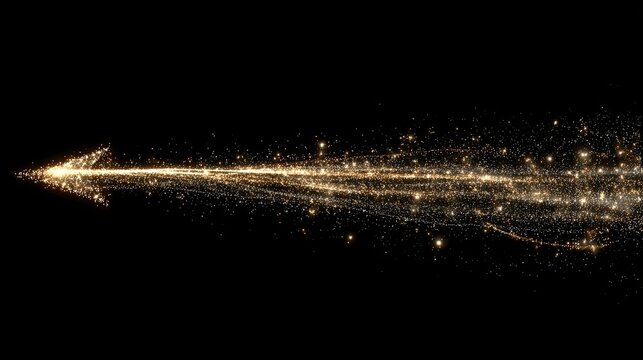 Golden, glowing arrow trail of glittering particles on black background