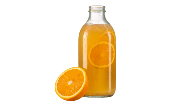 Fresh orange juice in a clear glass bottle and a filled glass, both isolated on a white background