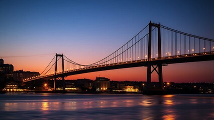 Naklejka premium Silhouetted suspension bridge at dusk with city lights