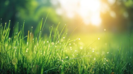 Obraz premium Lush green grass field bathed in soft sunrise or sunset glow, dewy after light rain, radiating backlight from trees,