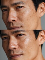 Obraz premium Asian man before and after applying moisturizer, hydrated skin
