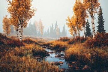 Fototapeta premium Misty autumnal forest scene with a flowing stream