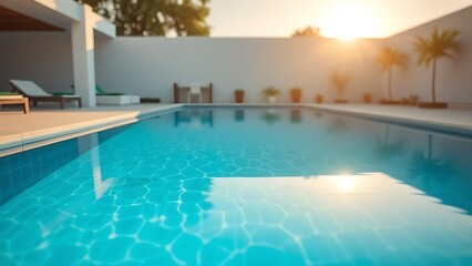 Fototapeta premium A serene minimalist swimming pool bathed in golden hour light, creating a peaceful garden retreat.