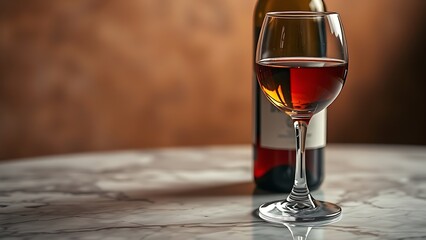 A closeup of a wine bottle and glass on marble, bathed in warm amber tones with a blurred background.