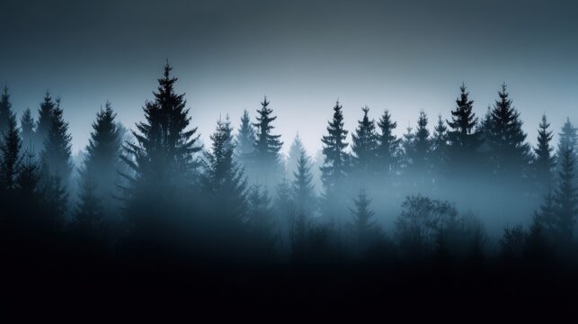A dense forest shrouded in misty fog features tall coniferous trees with muted blues and grays creating a serene yet eer