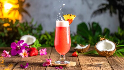 Pink cocktail with pineapple and strawberry garnish on a wooden table surrounded by tropical plants