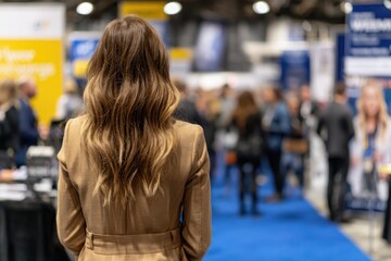 Businesswoman observing a crowded trade show, engaging with attendees in a vibrant setting