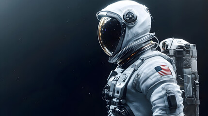 An astronaut in a spacesuit against a dark background looking towards the light.