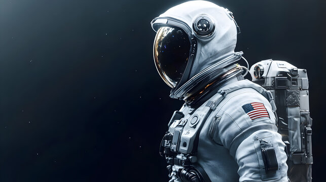 An astronaut in a spacesuit against a dark background looking towards the light.