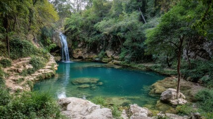 Fototapeta premium A tranquil natural scene featuring a turquoise pool at the base of a small waterfall surrounded by lush greenery,