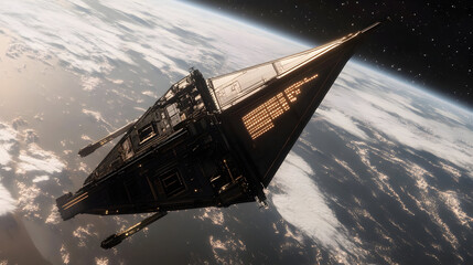 Fototapeta premium A spacecraft orbits earth against a backdrop of space and the planet.