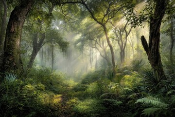 Obraz premium Sunlit path through a misty jungle