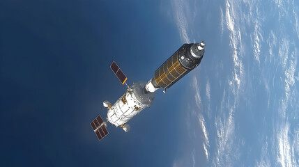 Fototapeta premium Spacecraft in orbit above earth against a dark blue sky.