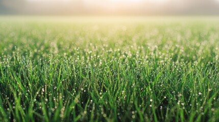 Obraz premium Lush green grass field with fresh dewdrops glistening under warm sunlight at dawn or dusk,