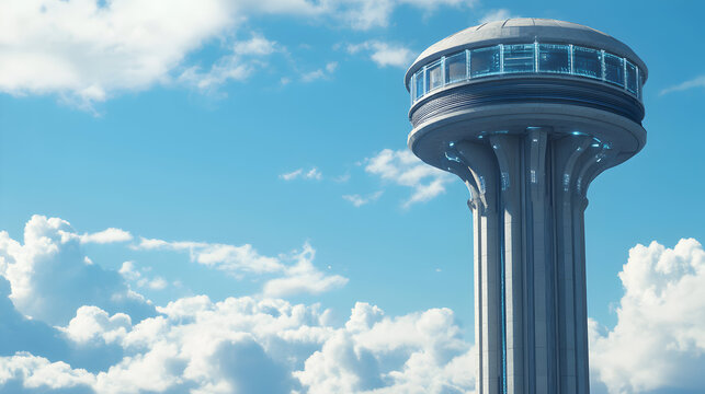 Futuristic tower against a bright blue sky with fluffy white clouds.