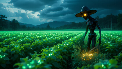 A robot scarecrow surveys a glowing field at night with mountains in view