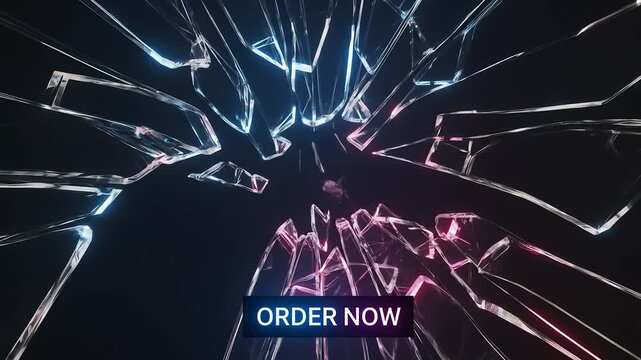 Abstract image of shattered glass with blue and pink neon lighting, featuring "Order Now" text.