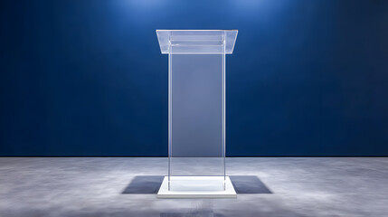 Modern Transparent Podium on Concrete Floor Against Blue Wall for Presentation