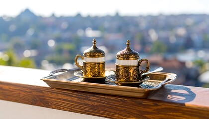 Two ornate coffee cups on a tray, overlooking a city