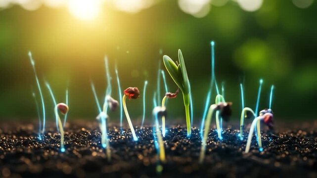 New life seedlings emerging in fertile soil green plant growing concept