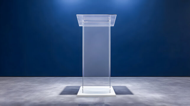Modern Transparent Podium on Concrete Floor Against Blue Wall for Presentation
