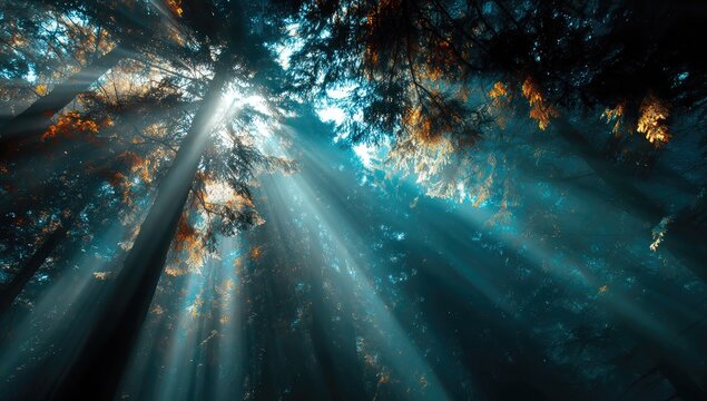 Sunlight streams through a dense forest canopy - Powered by Adobe