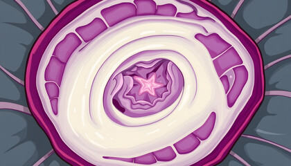 Half a red cabbage showing the inside textured layers of leaves. White tone