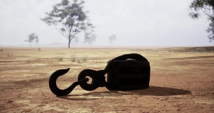 A rusty hook lies on dry, cracked soil with sparse vegetation around. The sky is overcast, creating a somber atmosphere in this desolate landscape.