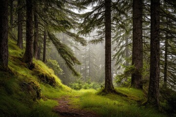 Misty forest path, lush greenery