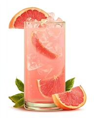 Pink grapefruit beverage in a tall glass, garnished with grapefruit slices and ice