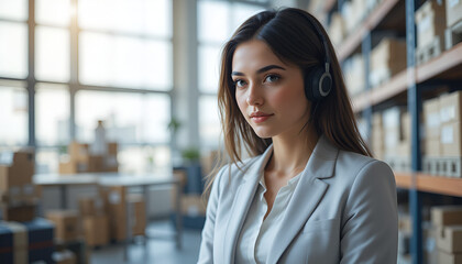 Professional customer service representative with headset in modern warehouse setting, looking confident