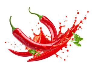 Fresh Red Chili Peppers with Splash of Liquid on White Background