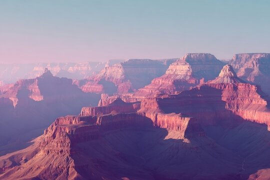 Grand Canyon vista, soft pink hues, hazy atmosphere