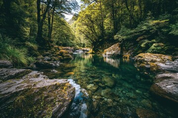 Fototapeta premium Crystal-clear river flowing through lush, green forest