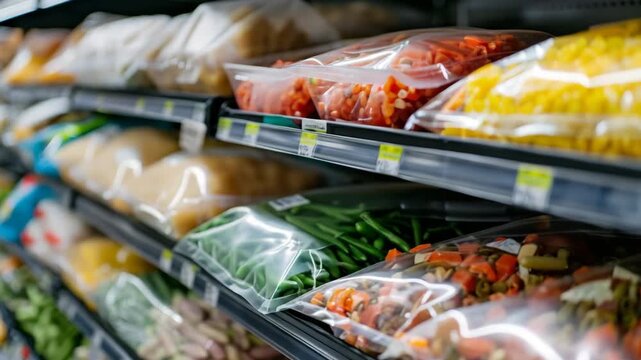 Colorful frozen vegetables packaged in clear plastic bags on supermarket shelves