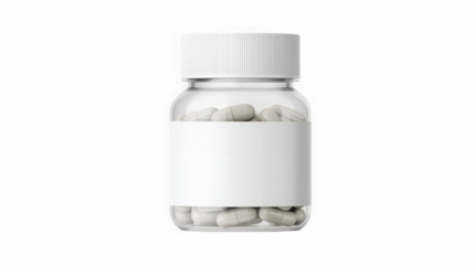 Clear bottle with white capsules and blank label for supplement branding and healthcare packaging