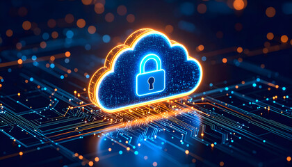Digital Cloud Security Concept with Locked Padlock Over Abstract Technology Background Featuring Circuit Board Patterns
