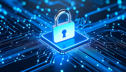 Digital Lock Icon Representing Cybersecurity and Data Protection on a Conceptual Circuit Board Background