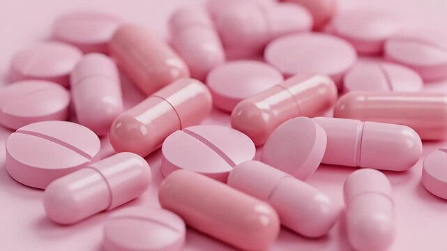 A closeup shot of pink pills and capsules scattered across a light pink surface